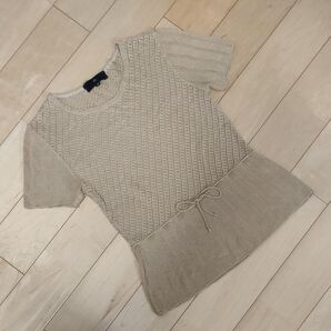 ヨンドシー レディース М★半袖ニット★キャメル系 リボン付き春夏服トップス 日本製
