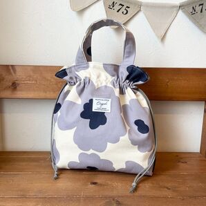 北欧花柄グレー 巾着トートバッグSサイズ ハンドメイド 巾着袋