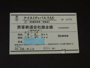 【JR東日本】ナイスミディーパス（普通車2人用A）手売り券　S63　JR地紋　パンチ有