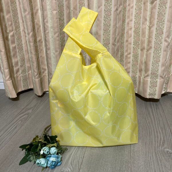 エコバッグ 大きなエコバッグ コンパクト収納 ハンドメイド(サークルイエロー)