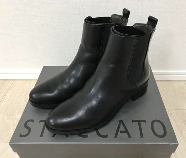 美品☆STACCATO☆本革サイドゴアショートブーツ 23cm 黒 ブラック 牛革 靴 シューズ レディース スタッカート