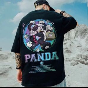 PANDA プリントTシャツ 半袖 ブラック メンズ ユニセックス 大きいサイズ オーバーサイズ ゆったり ブラックパンダ柄 新品