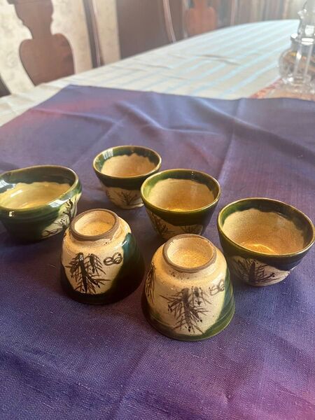 作家物陶器 お煎茶茶碗 6脚と片口セット 日本酒のぐい呑みとしても