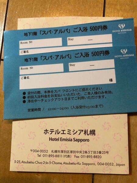 ホテルエミシア札幌 スパ・アルパ ご入浴 500円券 2枚
