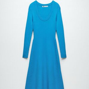 ZARA青いニットロングワンピース 長袖 ワンピース