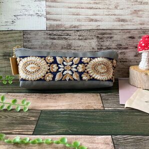 インド刺繍リボン を使った ポーチ【ネイビー】ペンケース メガネケース ハンドメイド