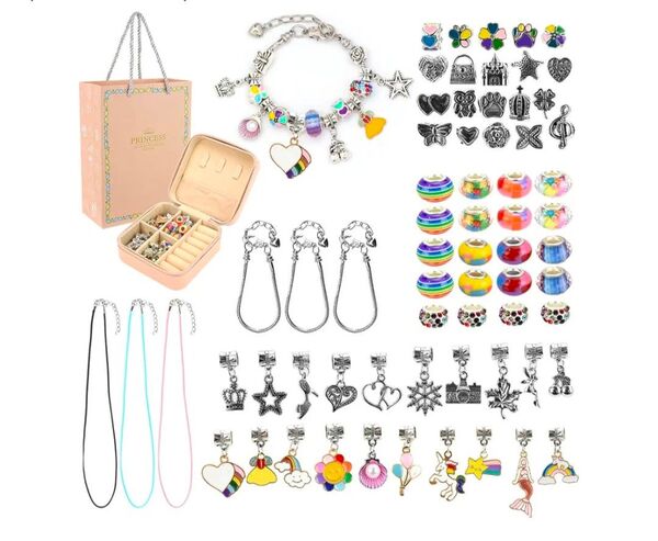 アクセ手作りキット ビーズセット チャーム 紐通し ブレスレット ネックレス ギフト 収納箱 (レインボー)