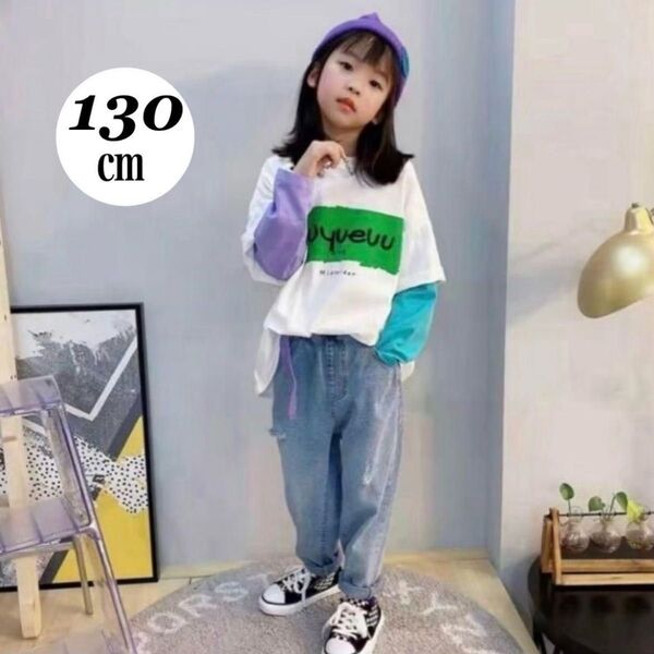 130㎝ キッズ 白 ホワイト 袖切替え ロンT バックプリント 男女兼用 新品