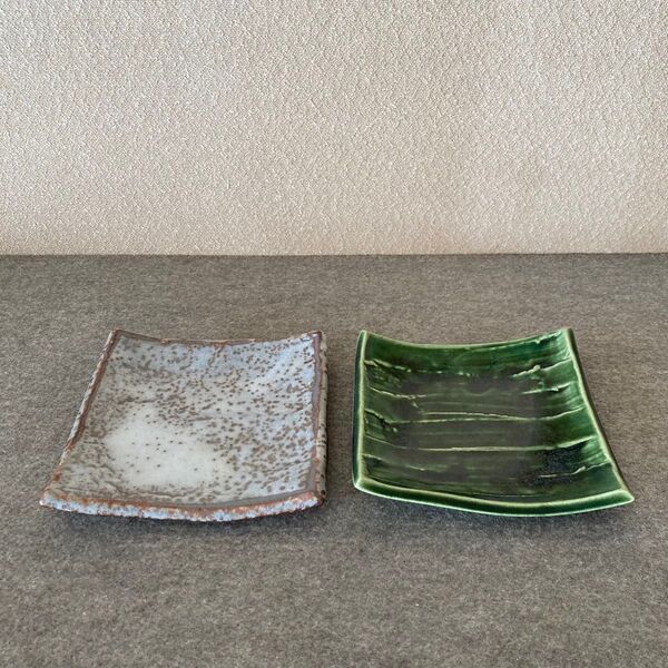 織部 鼠志野 陶芸 陶器 角皿 角形 四角 手作り ハンドメイド 2枚セット