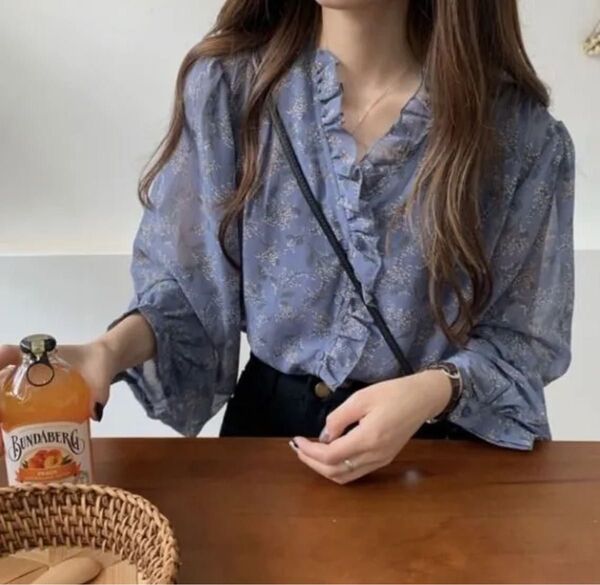 花柄 フリル シフォン レディース トップス Tシャツ 長袖 薄手 XL ブラウス