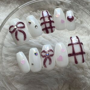ネイルチップ ガーリー リボン キラキラ ハート チェック