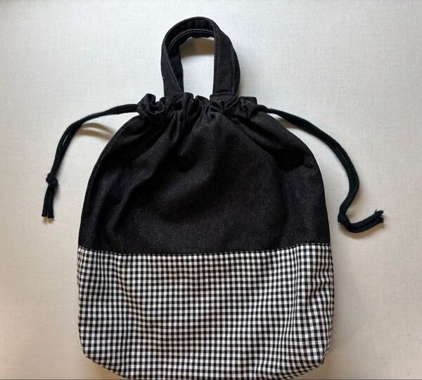 ハンドメイド 体操服入れ【黒デニム黒白チェック】持ち手つき