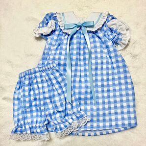 ドール用 水色チェックのうさみみルームウェア MDD