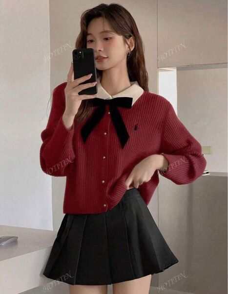SHEIN 襟付き リボン ニット カーディガン レッド