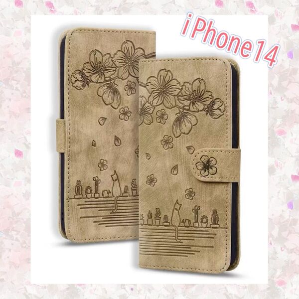 iPhone 14 手帳型 スマホケース 桜 ネコ ICカード カバー ケース
