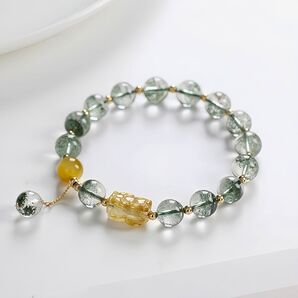 グリーンファントムクォーツ×ゴールデンルチルクォーツ貔貅ブレスレット 内径:15.5cm