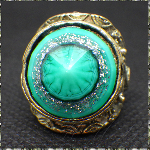 [RING] Antique Green Eyeball Cone Stone グリーン アイ ボール 目玉 ストーン アンティーク ゴールド エスニック調 デザイン リング 9号