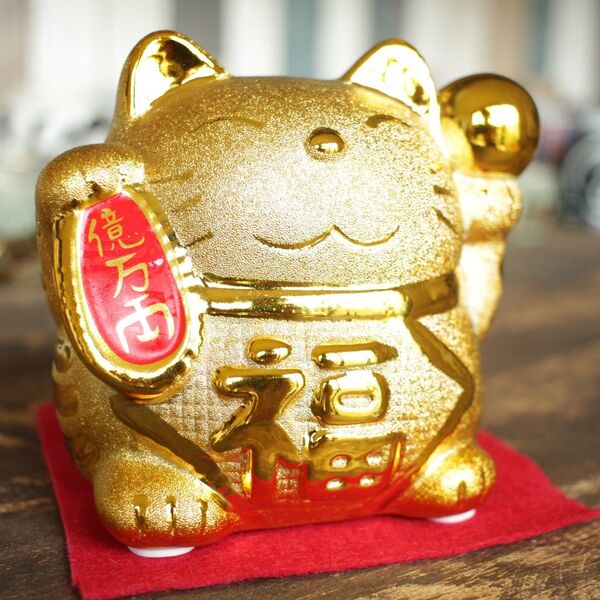 金の招き猫中 陶器 貯金箱 金運 箱付き 新品未使用 置物 インテリア ゴールド