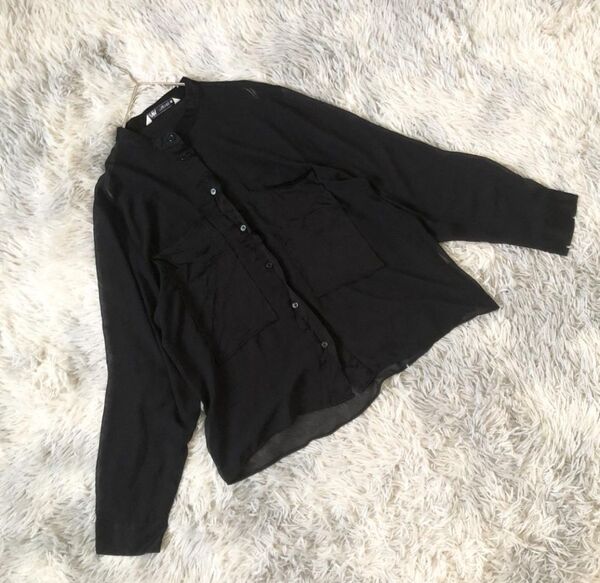 ZARA ザラ【USA:M】長袖 ノーカラー ブラウス トップス シャツ 黒