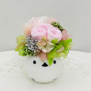 シマエナガ 陶器 プリザーブドフラワー ピンクバラ 小鳥 6.12.16