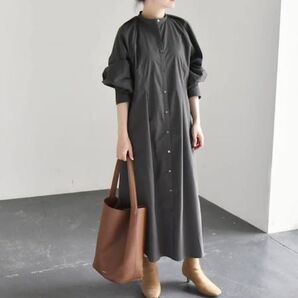 clear クリア シャツワンピース ウエストリボン ノーカラー 長袖ワンピース チャコールグレー