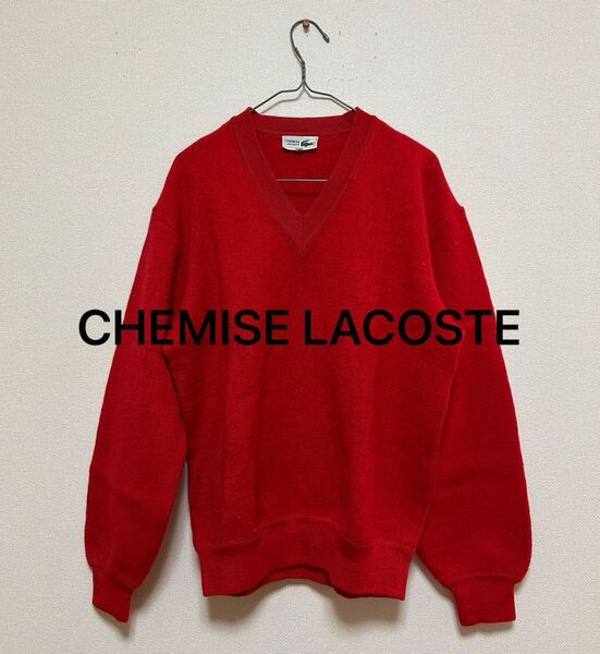 ラコステ 長袖 Vネックセーター ニットサイズ4レッド赤CHEMISE LACOSTEシュミーズラコステウールニット古着希少ゴルフ