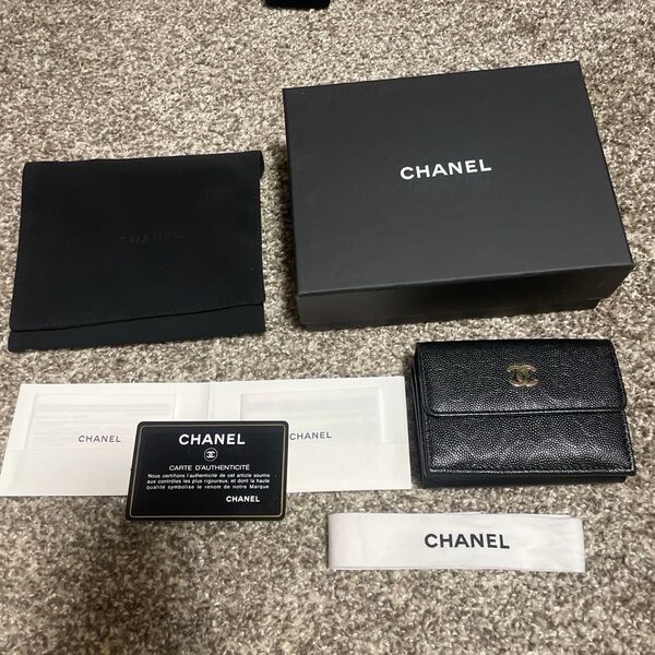 CHANEL シャネル スモールフラップ ウォレット カメリア 財布 キャビア ミニ ブラック 超美品