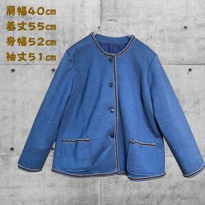 短丈 ノーカラージャケット 青色 シンプル y2K グランジ