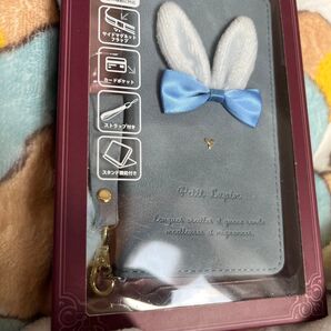 iPhone13mini スマホケース うさぎ耳 リボン付き ブルー