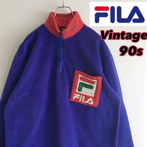  rare *90s*FILA filler fleece half Zip pull over big Logo Vintage 