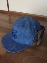 XLARGE DENIM EARFLAP 6P CAP 新品未使用品 紙タグ付き エクストララージ デニムキャップ 帽子 インディゴ ブルー バーバリーチェック柄_画像2