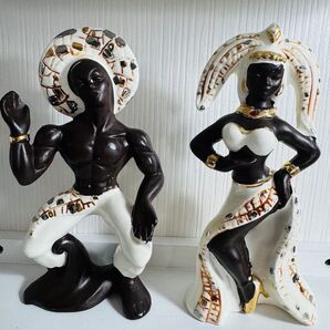 アフリカンスタイル セラミック置物 男女ペア像 ミッドセンチュリー 50s