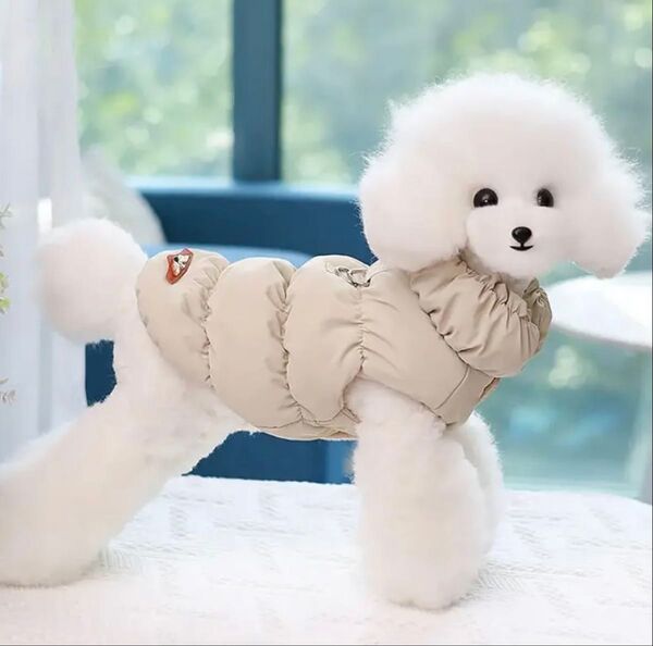 【新品】犬 猫 ペット 犬服 ドッグウェア M カーキ ダウン 防寒 保温 アウター