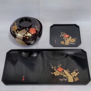 会津塗 佐藤長悦 蓋付汁物椀5客 銘々皿/八角皿5枚 盆/八角盆5枚/螺鈿/金彩/松竹梅