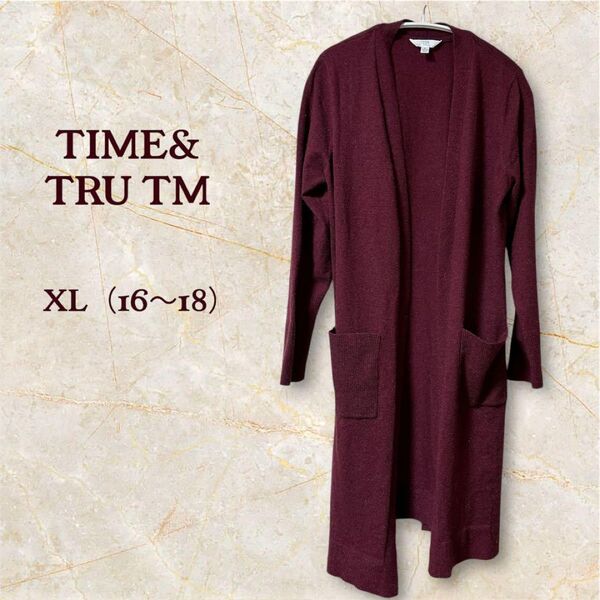 TIME AND TRUのカーディガン 赤紫 ニット生地 ロングカーディガン