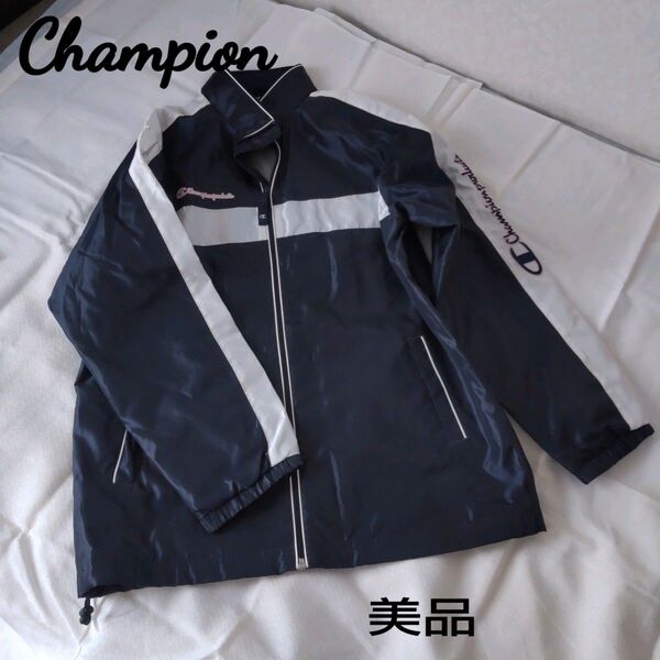 Champion★美品 160 ウィンドブレーカー 防寒 黒に近い紺 ロゴ ピンク 前 ファスナー 内側メッシュ かわいい