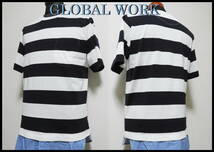 GLOBAL WORK ボーダーTシャツ グローバルワーク 白 紺 ホワイト ネイビー シャンブレー デニム 切り替え デザインＴ メンズ M 丸襟 半袖_画像4