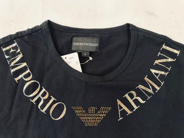 エンポリオアルマーニ クルーネックゴールドスパンコールロゴTシャツ 黒 L 未使用