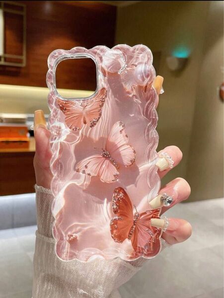新品 iPhone14 Plus ケース バタフライ☆ ピンク