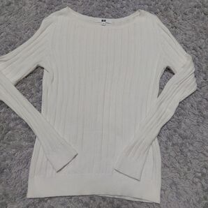 レディース ユニクロ 綿ニット 長袖リブ 白ニット