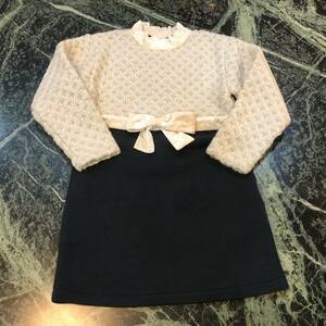 【美品】La Pario★ラパリオ 女児ワンピース 子供服 サイズ120cm ニットデザインワンピース 裏フリース 長袖 発表会 入学式 アイボリー 黒