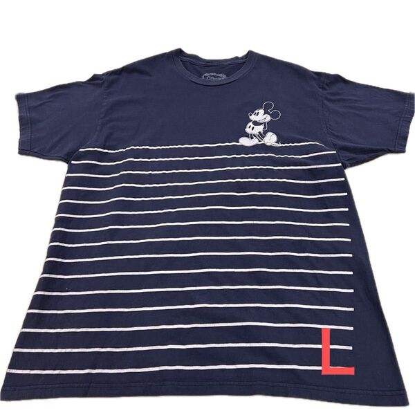 【DISNEY】ディズニー 半袖 Tシャツ ミッキーマウス ネイビー 希少 プリント Lサイズ