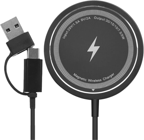 ワイヤレス充電器 マグネット式 無線充電器 Magsafe充電器対応 USB-C to Aアダプタ付きブラック
