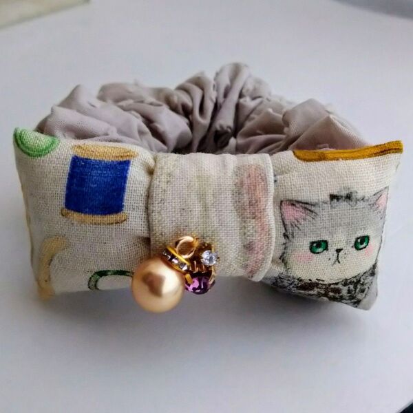 リボンシュシュ ユキエモン yukiemon シュシュ 猫 ねこ パール キュービックジルコニア check&stripe