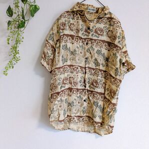 シルク100%シャツ SILKMIST 半袖シャツ アロハシャツ ボタニカル 花柄USA古着 アメリカ古着