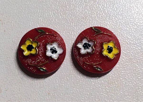 ハンドメイド チェコ ヴィンテージ ガラスカボーション 赤小花柄 直径1.3cm 2個組