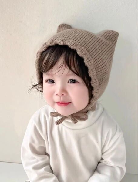 【ブラウン】ベビー キッズ ねこ耳 帽子 猫耳 ボンネット 赤ちゃん 防寒 春 ニット帽