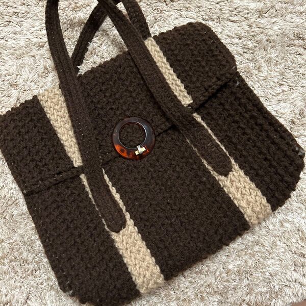 ハンドメイド ニットバック かばん ベージュブラウン 毛糸のバッグ ハンドバッグ