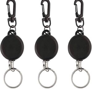 リールキーホルダー(3個黒/ABS) カラビナ付 リールストラップアクセサリー 伸縮自在 紛失防止 キーホルダー