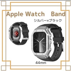 Apple Watch ラバーバンド 44mm シルバー メタルケース カバー おしゃれ 黒 ブラック アップルウォッチ
